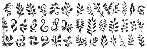 Set of elegant silhouettes of flowers, branches and leaves. Thin hand drawn vector botanical elements #678192016