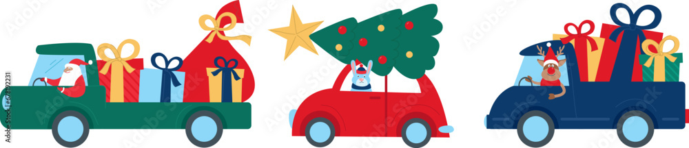 Santa Claus team driving car caravan with Christmas tree, gifts and presents Santa Claus team driving car caravan with Christmas tree, gifts and presents