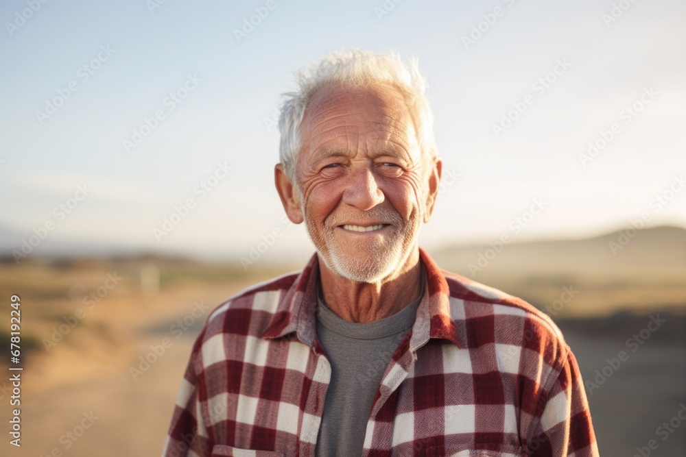 Portrait of a cheerful man in his 80s dressed in a relaxed flannel shirt against a serene dune landscape background. AI Generation Portrait of a cheerful man in his 80s dressed in a relaxed flannel shirt against a serene dune landscape background. AI Generation