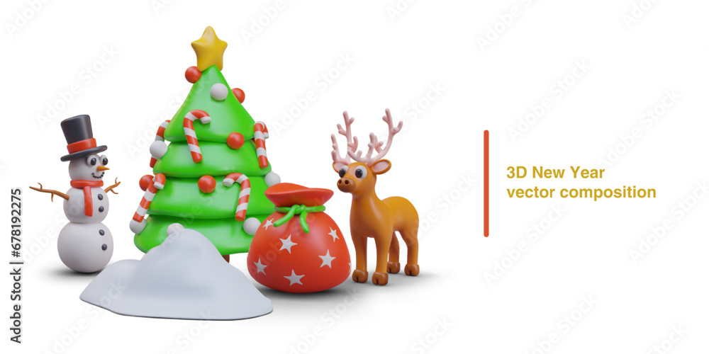 Fototapeta premium Decorated Christmas tree, snowdrift, deer, snowman, bag with gifts. Festive winter concept. Time to celebrate and give gifts. New Year vector composition, place for text