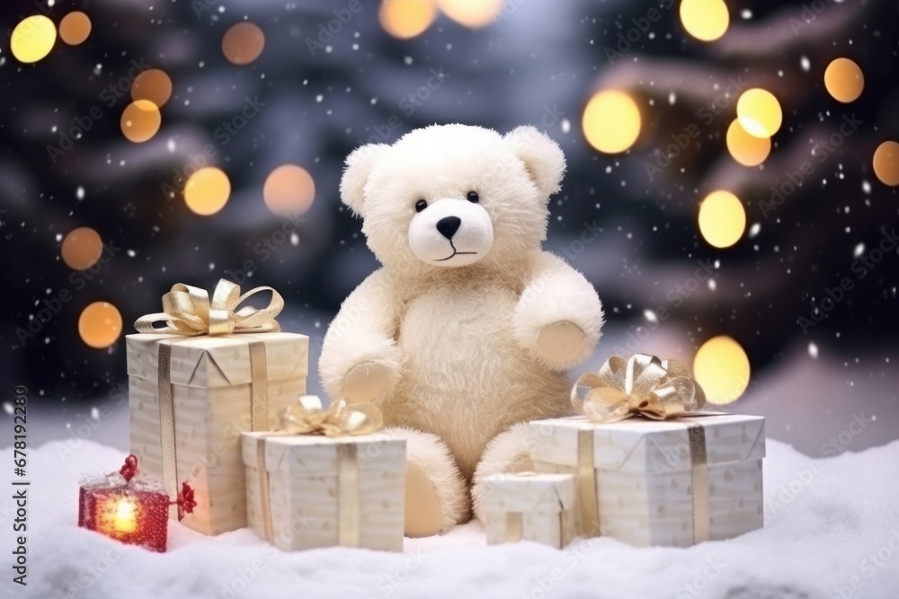 A close-up Christmas-themed background image featuring a teddy bear, a present, and a snowy scene, creating a cozy and wintry atmosphere for your creative content. A close-up Christmas-themed background image featuring a teddy bear, a present, and a snowy scene, creating a cozy and wintry atmosphere for your creative content.