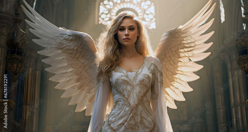 Panorama of angel in front of temple. AI generated. Panorama of angel in front of temple. AI generated.