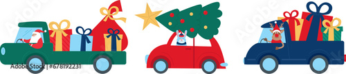 Santa Claus team driving car caravan with Christmas tree  gifts and presents