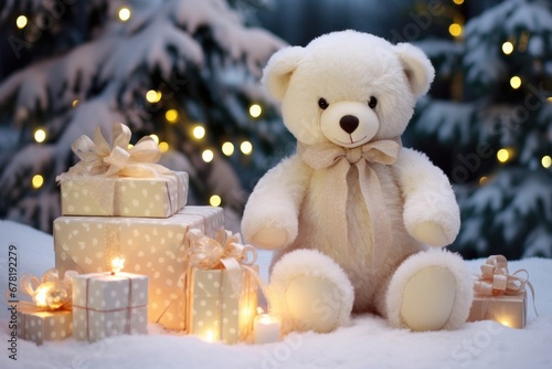 A close-up Christmas-themed background image featuring a teddy bear, a present, and a snowy scene, creating a cozy and wintry atmosphere for your creative content. © JK2507