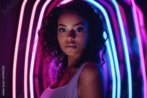 portrait of young african american woman in neon light. AI Generated