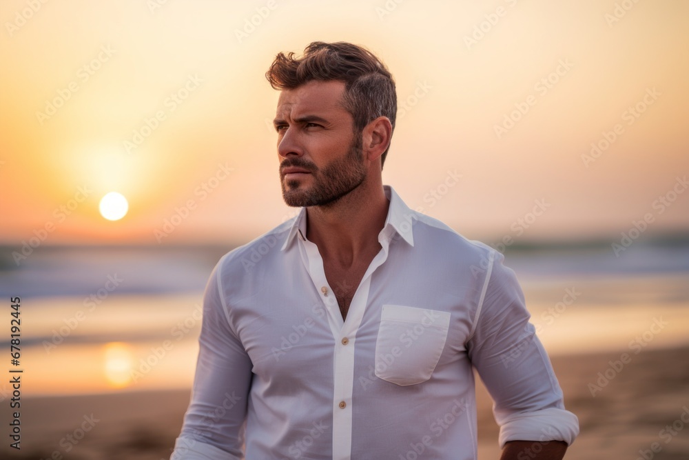 Portrait of a content man in his 30s wearing a simple cotton shirt against a vibrant beach sunset background. AI Generation Portrait of a content man in his 30s wearing a simple cotton shirt against a vibrant beach sunset background. AI Generation