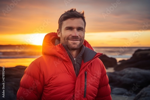 Portrait of a content man in his 30s donning a durable down jacket against a vibrant beach sunset background. AI Generation