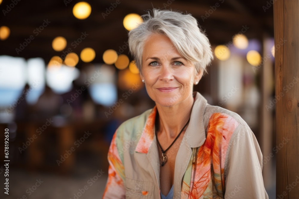 Portrait of a content woman in her 50s dressed in a water-resistant gilet against a tropical beach bar background. AI Generation Portrait of a content woman in her 50s dressed in a water-resistant gilet against a tropical beach bar background. AI Generation