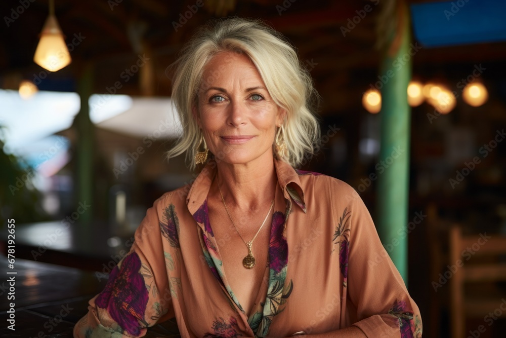 Portrait of a content woman in her 50s dressed in a water-resistant gilet against a tropical beach bar background. AI Generation Portrait of a content woman in her 50s dressed in a water-resistant gilet against a tropical beach bar background. AI Generation