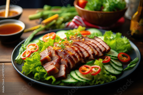 grilled meat with vegetables, grilled pork ribs with vegetables, 