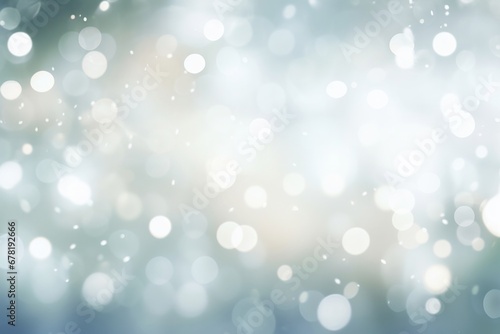 Shining blurred cold silver bokeh background with glitters and lights. Glowing silver white holiday banner for christmas, new year and other celebration with bokeh lights and copy space.