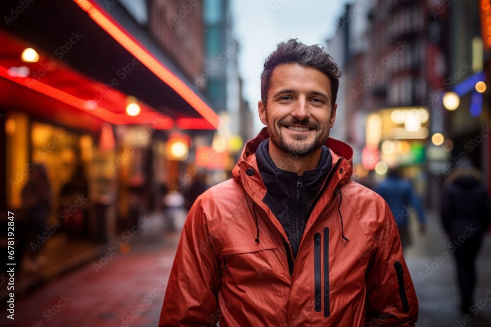 Portrait of a satisfied man in his 30s wearing a windproof softshell against a vibrant market street background. AI Generation Portrait of a satisfied man in his 30s wearing a windproof softshell against a vibrant market street background. AI Generation