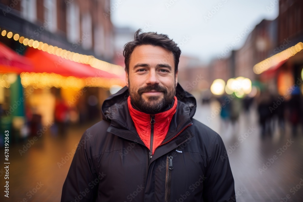Portrait of a satisfied man in his 30s wearing a windproof softshell against a vibrant market street background. AI Generation Portrait of a satisfied man in his 30s wearing a windproof softshell against a vibrant market street background. AI Generation