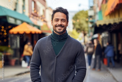 Portrait of a smiling man in his 30s wearing a classic turtleneck sweater against a vibrant market street background. AI Generation