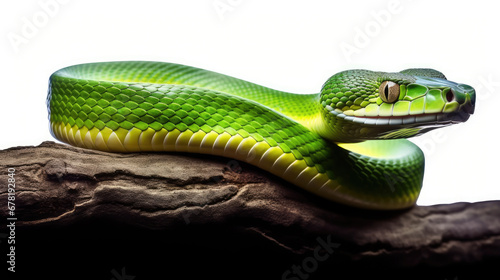 close up of a green snake, Green snake on a tree branch.on white  background