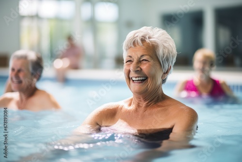 Active senior women enjoy an aqua fit class in a pool, exuding joy and camaraderie while embodying a healthy and retired lifestyle. © JK2507