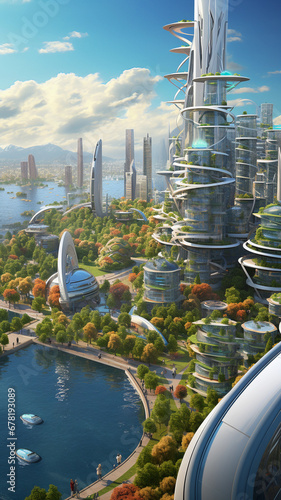 Eco Friendly Futuristic City Concept Illustration. Landscape with green spaces. Photorealistic 3D-style visualization.