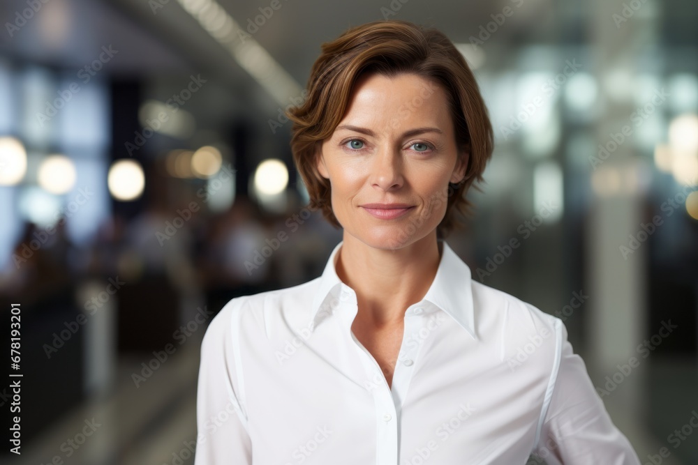 Portrait of a glad woman in her 40s wearing a classic white shirt against a sophisticated corporate office background. AI Generation Portrait of a glad woman in her 40s wearing a classic white shirt against a sophisticated corporate office background. AI Generation