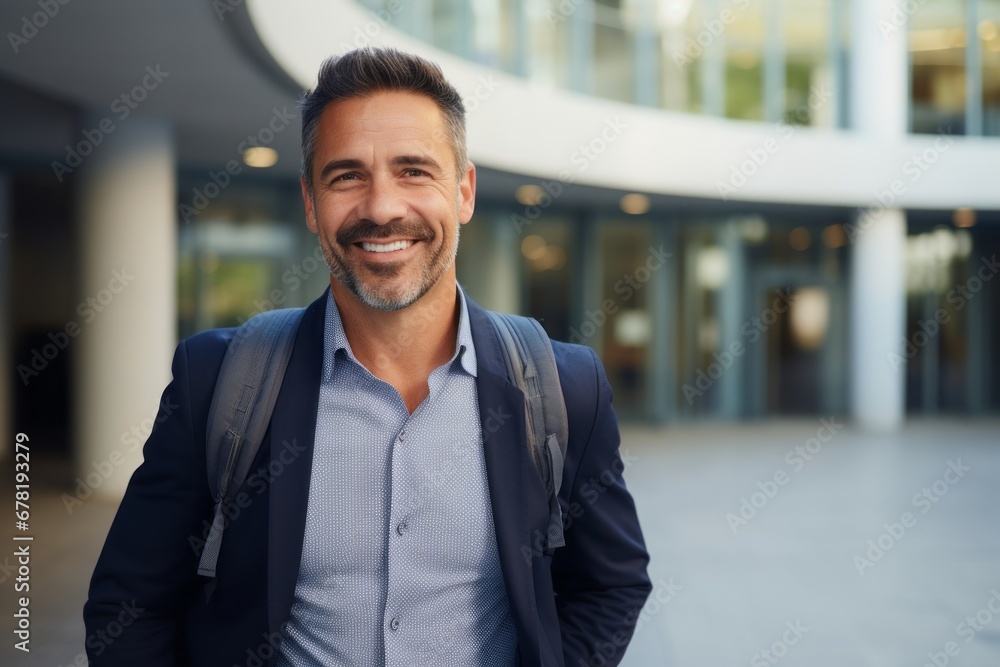 Portrait of a cheerful man in his 40s sporting a breathable hiking shirt against a sophisticated corporate office background. AI Generation Portrait of a cheerful man in his 40s sporting a breathable hiking shirt against a sophisticated corporate office background. AI Generation