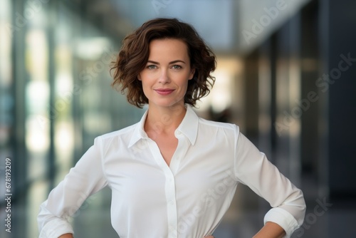 Portrait of a glad woman in her 40s wearing a classic white shirt against a sophisticated corporate office background. AI Generation Free Download Portrait of a glad woman in her 40s wearing a classic white shirt against a sophisticated corporate office background. AI Generation - GFXLoad