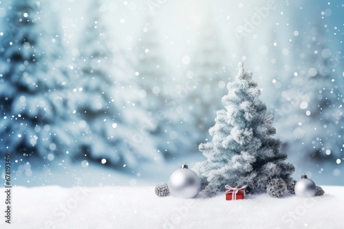 Beautiful Christmas tree with lights in abstract winter snowy landscape. Winter celebration background. Greeting card, banner concept with copy space for december holiday season. Happy New Year © JK2507