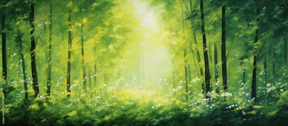 Obraz premium In the abstract landscape a lush green forest serves as the background with its towering trees and vibrant leaves creating a striking pattern against the summer sky The rich textures of the 