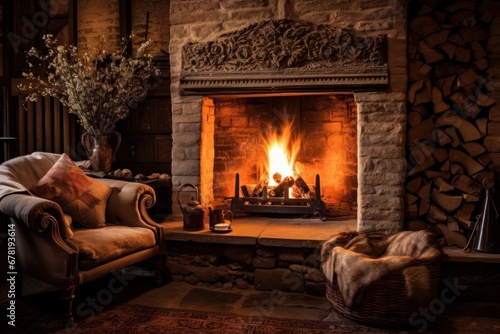 beautiful cozy fireplace - Cozy dark rustic living room with big floor to ceiling windows and a fireplace
