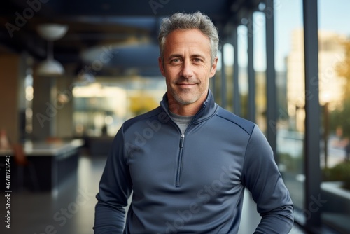 Portrait of a satisfied man in his 50s wearing a thermal fleece pullover against a sophisticated corporate office background. AI Generation