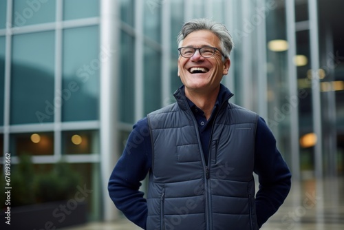 Wallpaper Mural Portrait of a joyful man in his 50s dressed in a water-resistant gilet against a sophisticated corporate office background. AI Generation Torontodigital.ca