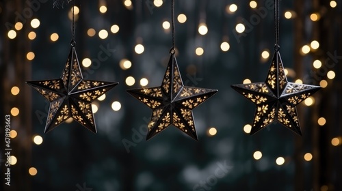 Black ornaments decorated Christmas tree background. Merry Christmas, Happy New Year concept. Beautiful festive dark glitter decorations balls and bokeh garland lights.. © Oksana Smyshliaeva