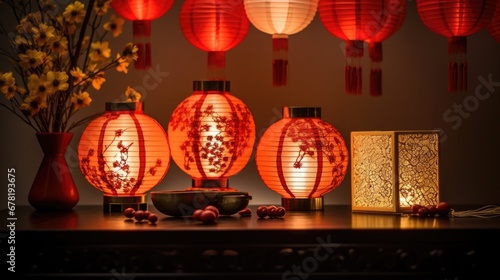 Chinese Lanterns hanging background. Chinese Asian New Year, Mid Autumn Festival concept. Street decorated by red lamps Traditional Asian decor. For banner and greeting card, poster, website..