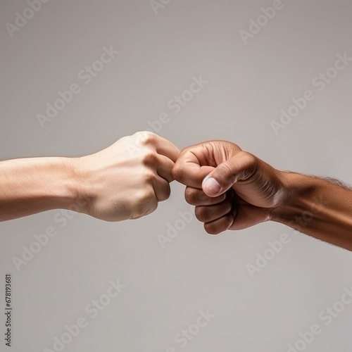 Closeup of two arms different race skin colors multinational friends giving fist bump. AI Generated