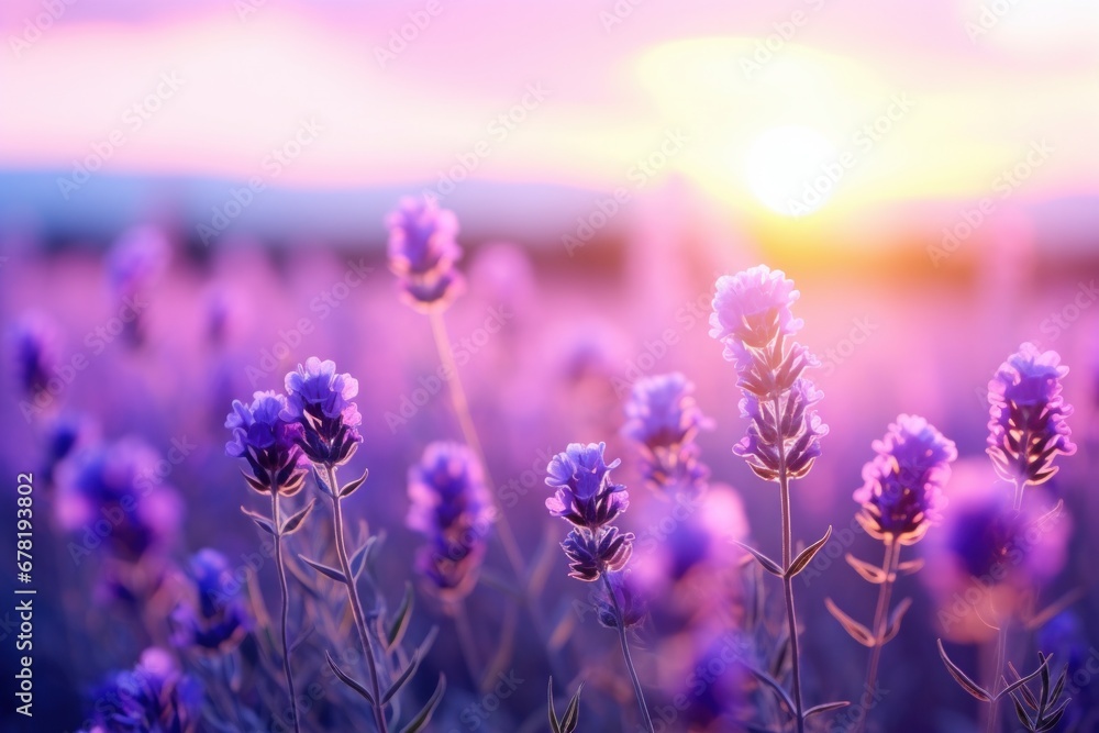 Lavender flower field, blooming purple fragrant lavender flowers. Growing lavender over the western sky, harvest, perfume ingredient, aromatherapy. Lavender field close up view. Lavender flower field, blooming purple fragrant lavender flowers. Growing lavender over the western sky, harvest, perfume ingredient, aromatherapy. Lavender field close up view.