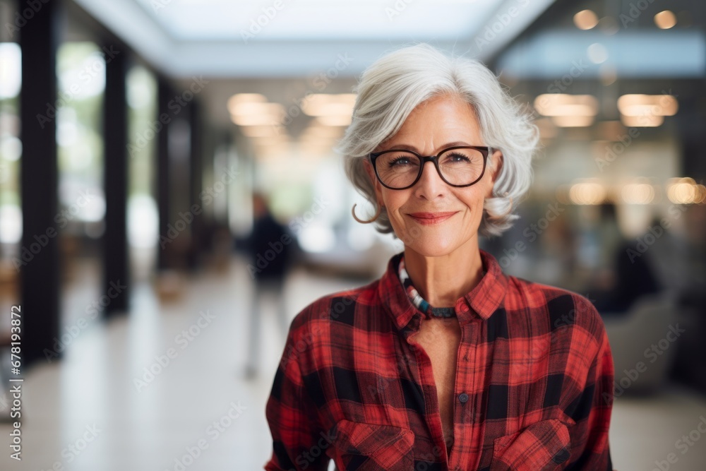 Portrait of a glad woman in her 70s wearing a comfy flannel shirt against a sophisticated corporate office background. AI Generation Portrait of a glad woman in her 70s wearing a comfy flannel shirt against a sophisticated corporate office background. AI Generation
