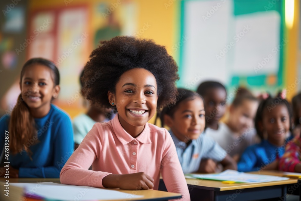 smiling African American girl studying in classroom. AI Generated smiling African American girl studying in classroom. AI Generated