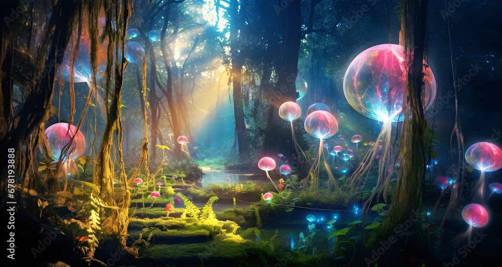 wood landscape with bubbles in the air. AI generated. wood landscape with bubbles in the air. AI generated.