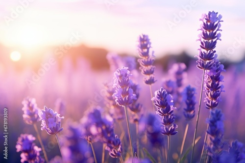 Lavender flower field  blooming purple fragrant lavender flowers. Growing lavender over the western sky  harvest  perfume ingredient  aromatherapy. Lavender field close up view.