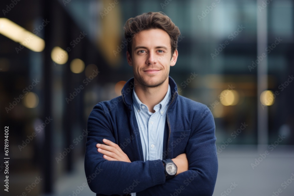 Obraz premium Portrait of a grinning man in his 20s wearing a cozy sweater against a sophisticated corporate office background. AI Generation