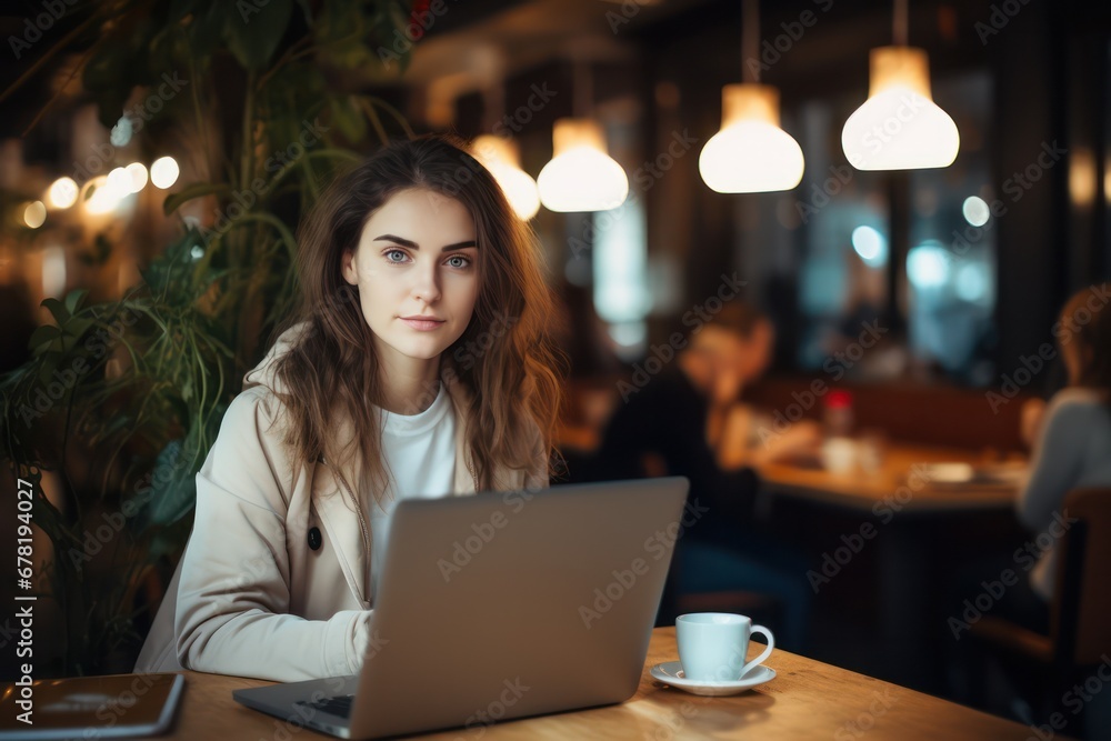 Close up portrait of young beautiful woman while working with laptop in Cafe Close up portrait of young beautiful woman while working with laptop in Cafe