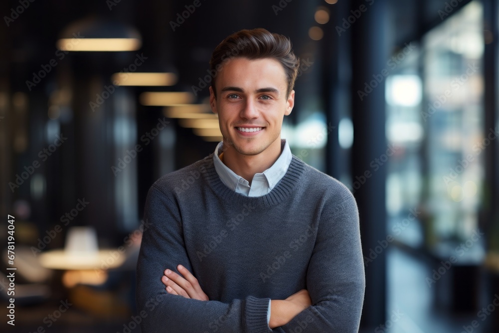 Portrait of a grinning man in his 20s wearing a cozy sweater against a sophisticated corporate office background. AI Generation Portrait of a grinning man in his 20s wearing a cozy sweater against a sophisticated corporate office background. AI Generation