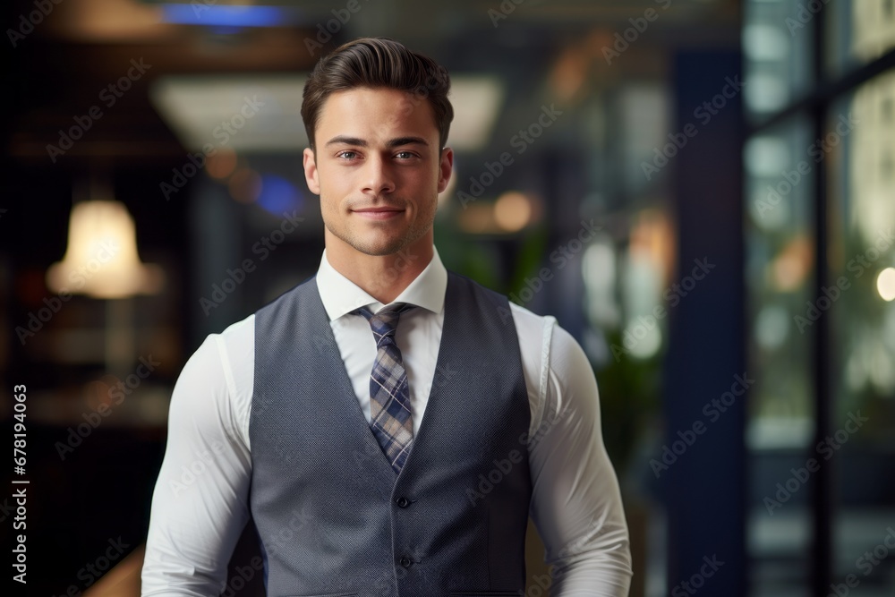 Portrait of a blissful man in his 20s dressed in a polished vest against a sophisticated corporate office background. AI Generation