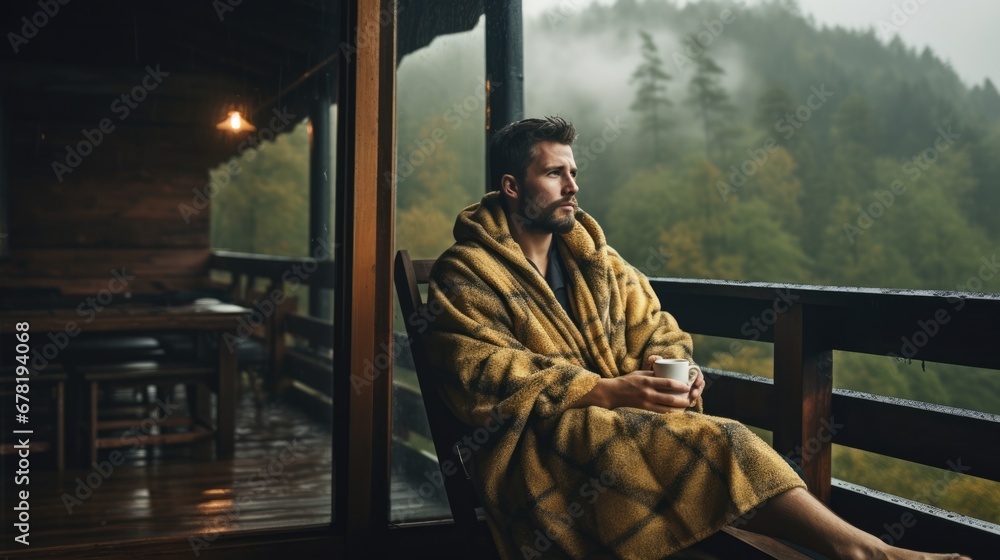 Traveler man in blanket relaxing on porch of wooden cabin in winter day with snow on background of woods in mountains. Traveler man in blanket relaxing on porch of wooden cabin in winter day with snow on background of woods in mountains.