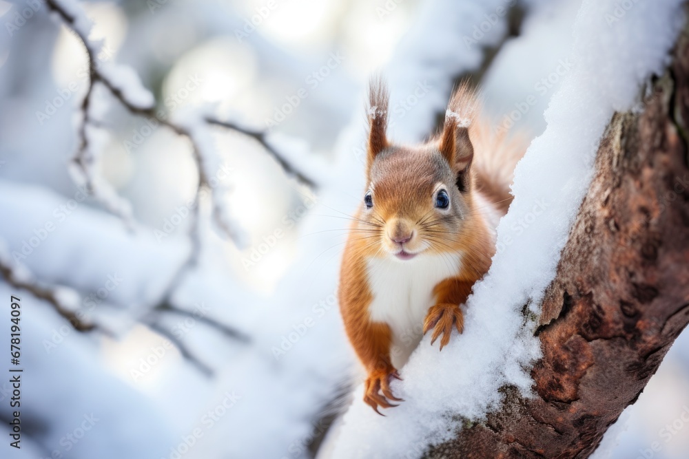 Squirrel sits on a tree in winter weather and looks for food Squirrel sits on a tree in winter weather and looks for food