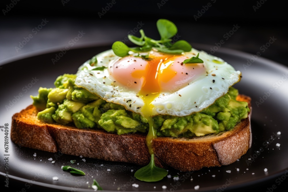 Toast with guacamole and fried egg on plate Toast with guacamole and fried egg on plate