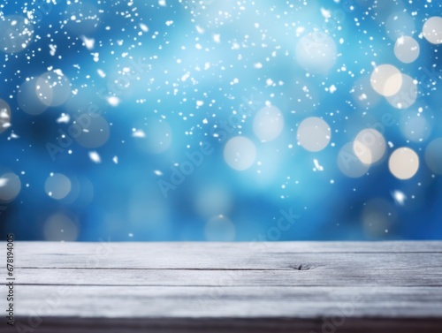 Beautiful winter snowy blurred defocused blue background with wooden floor © JK2507