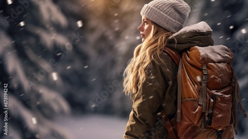 Woman traveler in winter warm jacket and rucksack walking in snowy winter pine forest. Winter travel concept. © Oulaphone