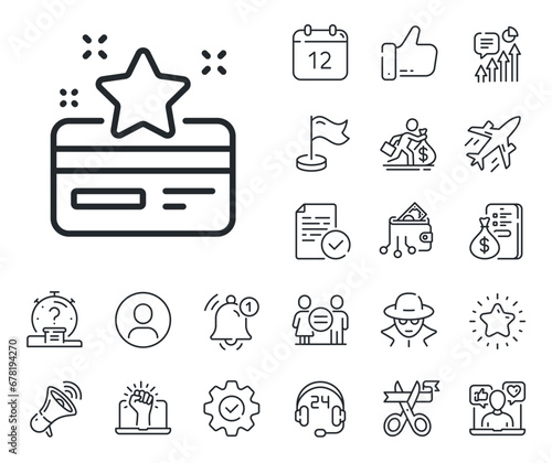 Bonus points. Salaryman, gender equality and alert bell outline icons. Loyalty card line icon. Discount program symbol. Loyalty card line sign. Spy or profile placeholder icon. Vector