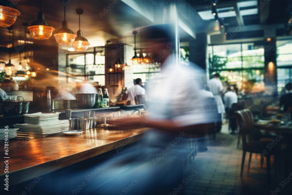 Blurred coffee shop or cafe restaurant, Blurred restaurant background with some people and chefs and waiters working