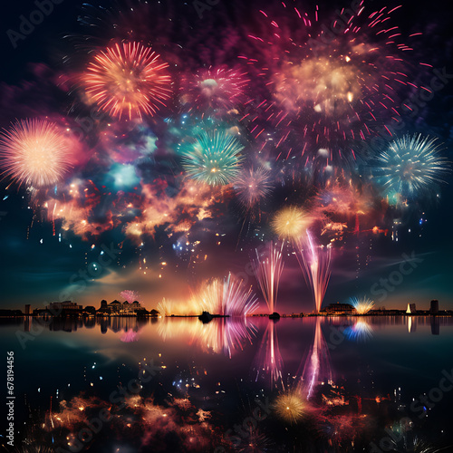 Vibrant colors illuminate exploding firework display at celebration - AI Generated