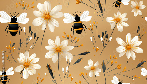 Cute bumblebee pattern. Seamless pattern of flying bees and little flowers on a light pastel background illustration. Cute cartoon character. Spring concept design photo